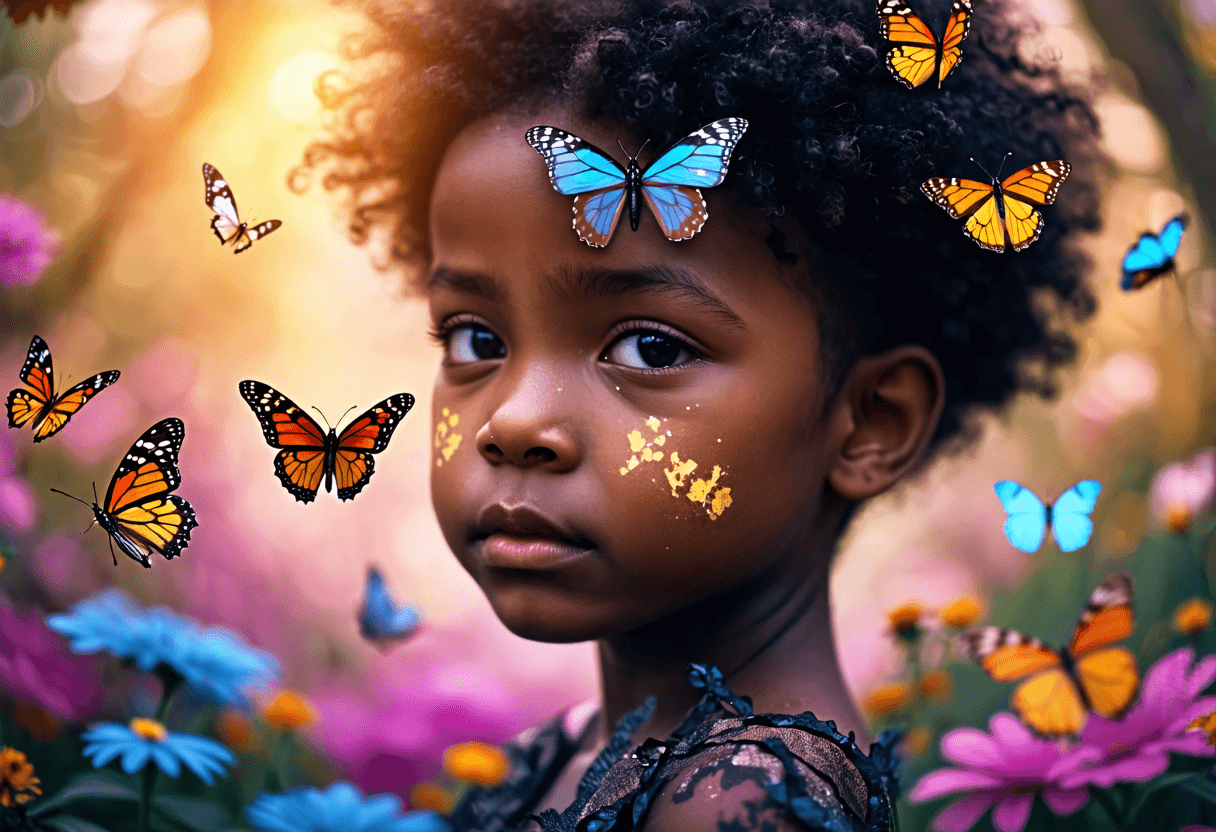A black child with vitiligo surrounded by colorful butterflies in a mystical forest glade, soft ethereal lighting