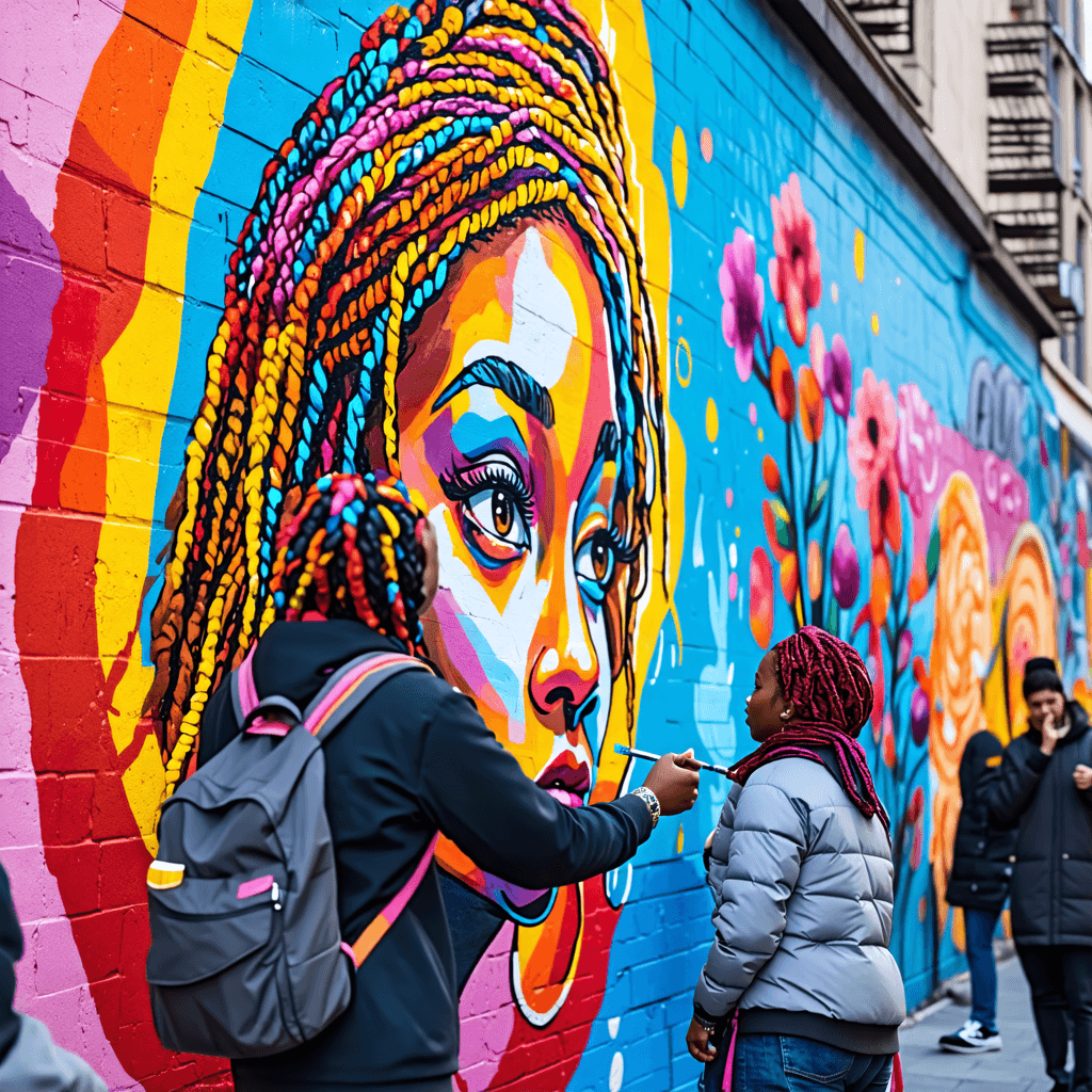 A street artist with multicolored braids creating a vibrant mural on a city wall, passersby watching in awe