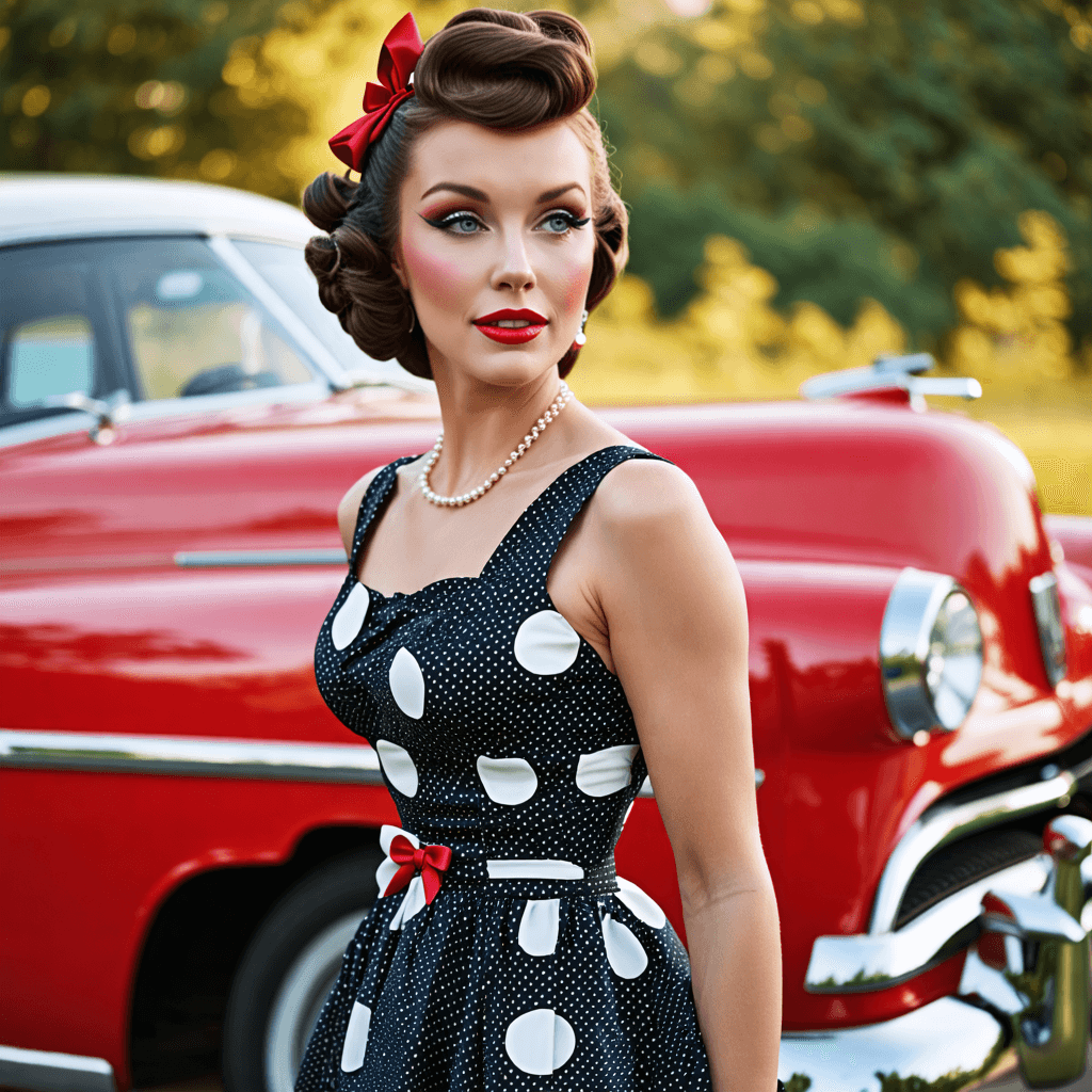 A woman with pin-up style makeup wearing a polka dot 1950s dress, standing next to a classic car