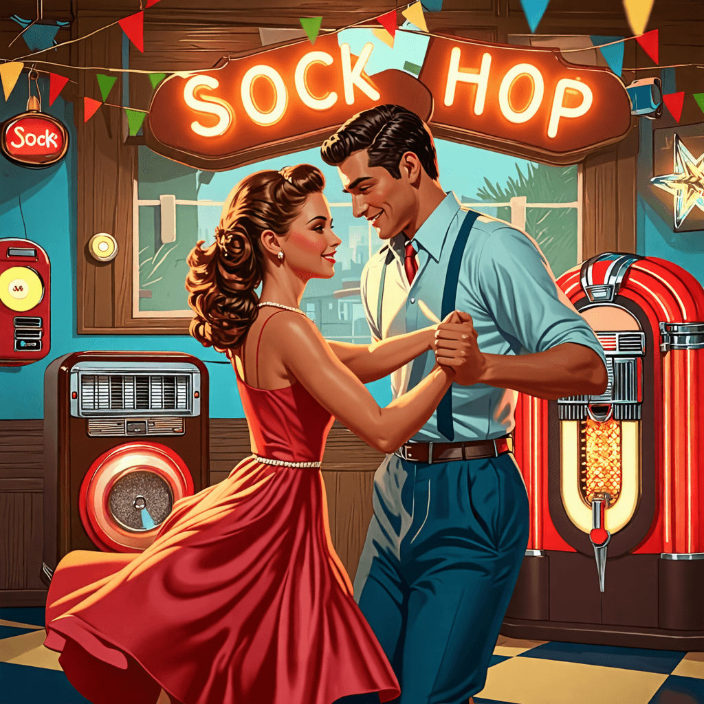 A young couple dancing at a 1950s sock hop, surrounded by vintage decorations and a jukebox