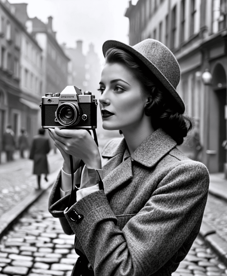 A woman in 1940s street fashion using a vintage film camera, standing on a cobblestone street