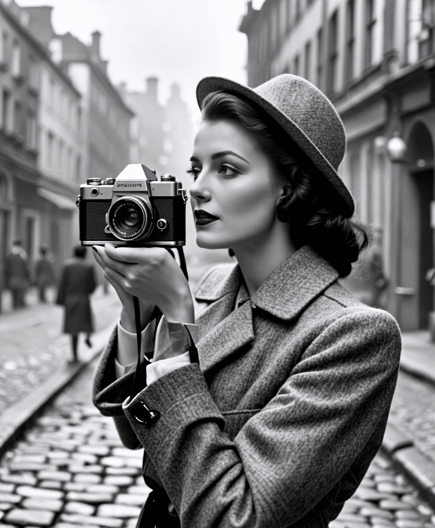A woman in 1940s street fashion using a vintage film camera, standing on a cobblestone street