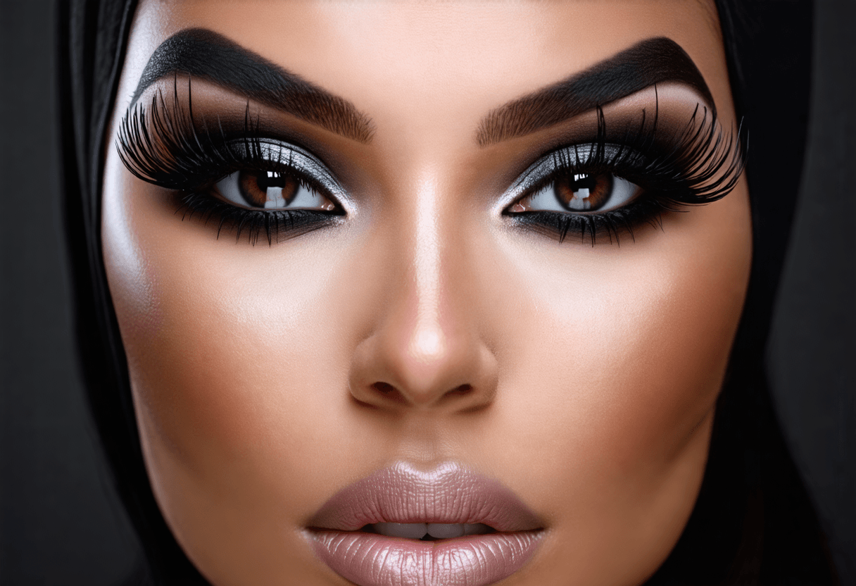 Close-up of a Middle Eastern woman with intense smokey eye makeup, long lashes, and matte lipstick. Flawless contouring and highlighted cheekbones. Elegant black background.