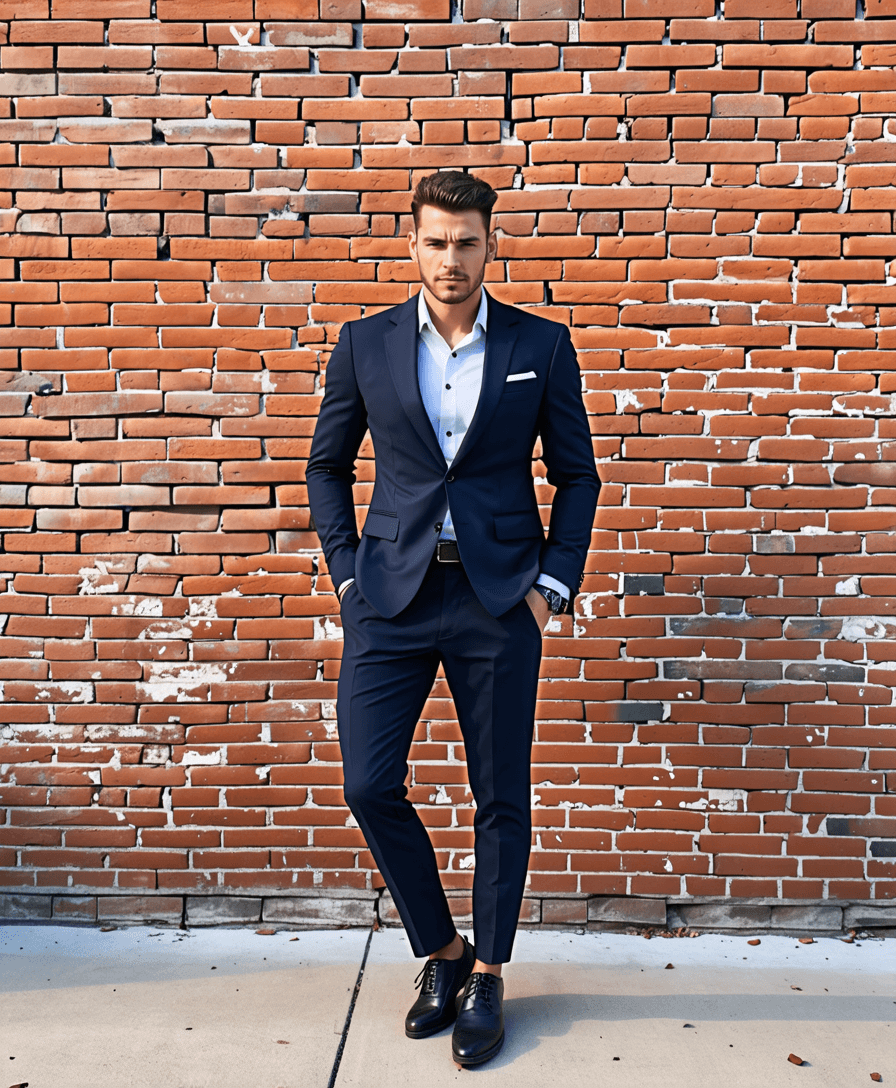 (full-body shot) of model in sharp, tailored suit against a classic brick wall background