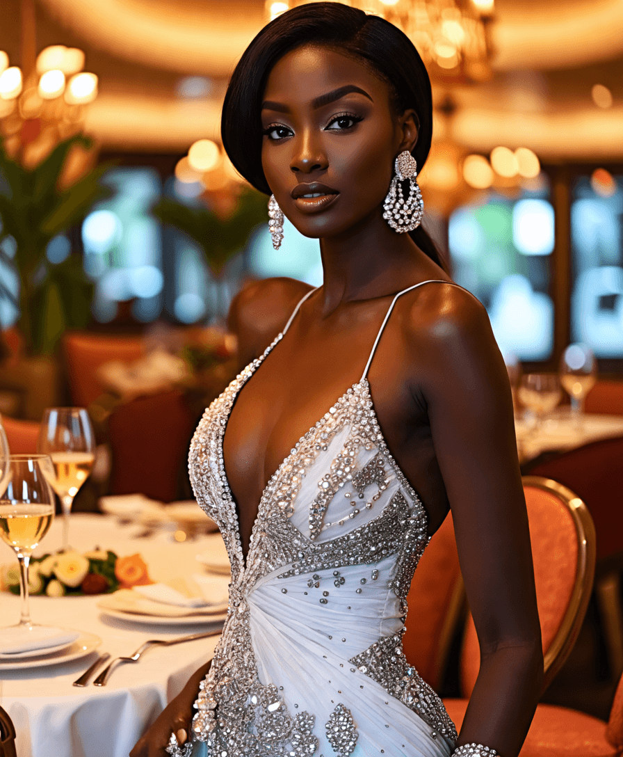 a black model wearing luxurious dress in luxury restaurant, instagram photo, instagram, hourglass figure
